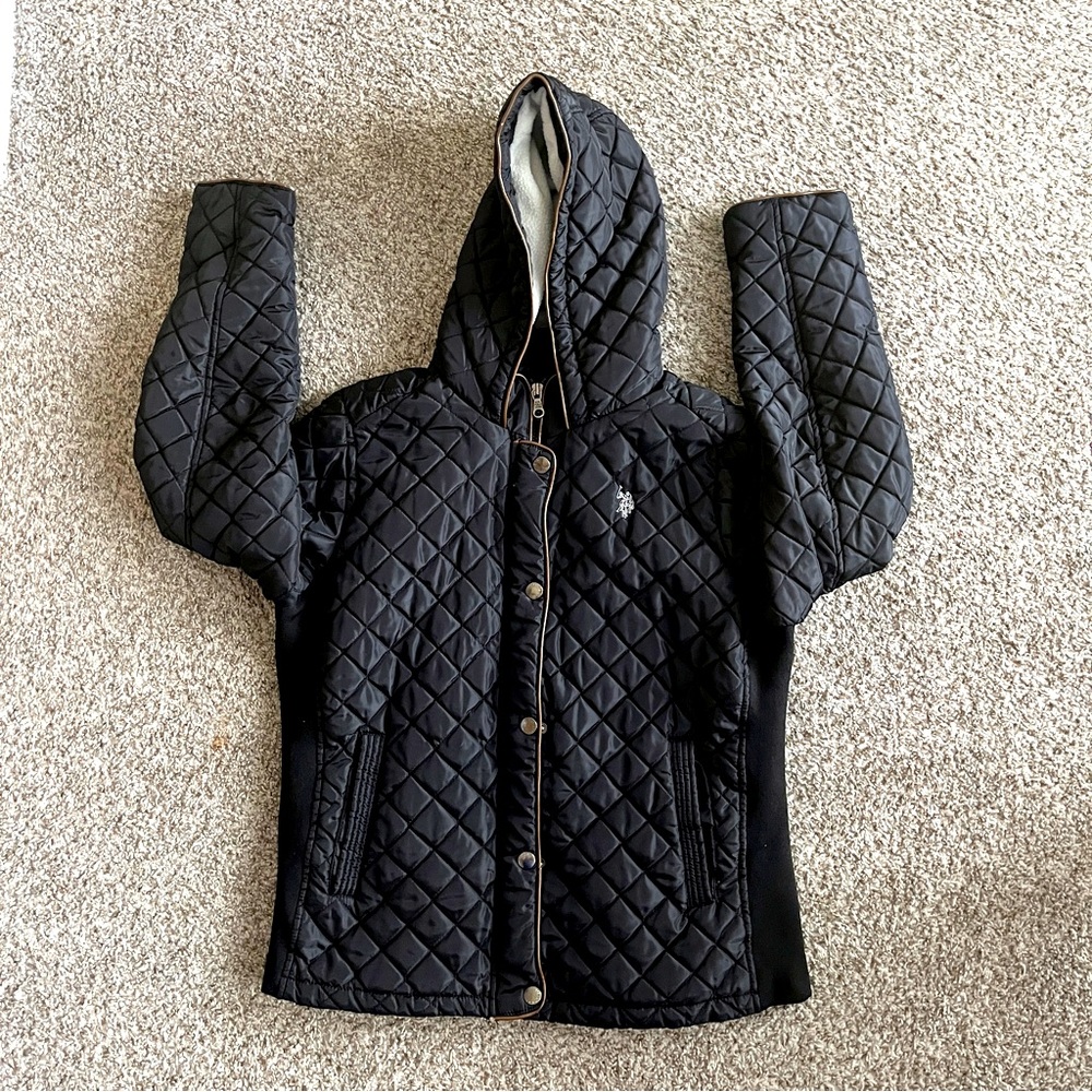 US POLO ASSN.Jacket Women XL Black Puffer Quilted Jacket Full Zip Hoodie Outdoor
